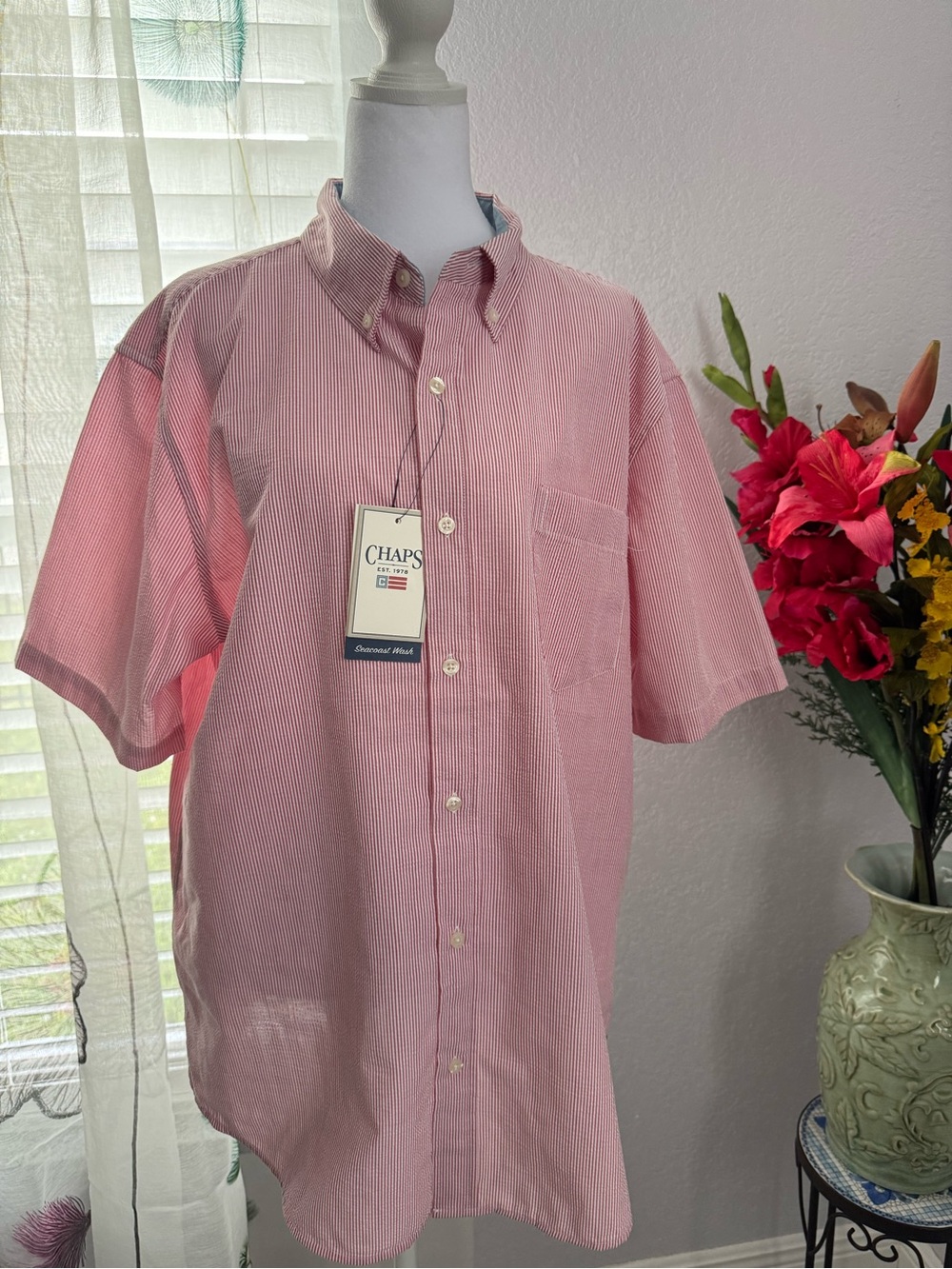 🔥 NWT Chaps Seersucker Men's XL Pink Striped Button Down Shirt